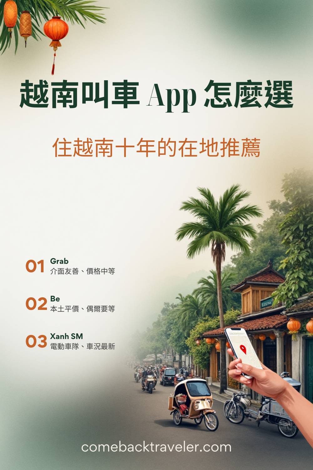 越南叫車 App 怎麼選封面：Grab、Be、Xanh SM 三大平台在地推薦，背景為胡志明市街景與手機叫車畫面
